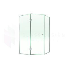 135° shower cabin made of anti-calc treated glass with a hinged door and 2 fixed panels, 210 x 220 cm