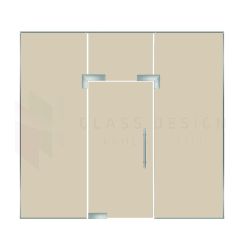 Pivot door with overlight and two fixed panels in 10mm bronze glass, blank size 330x250cm 